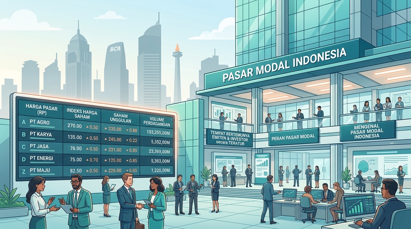 Ilustrasi gedung bursa dan papan harga sebagai gambaran pasar modal Indonesia