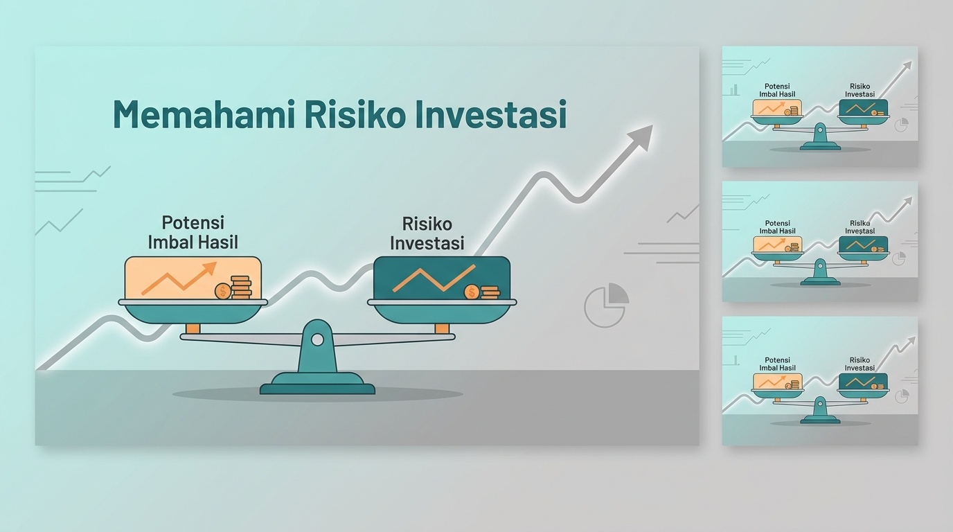 Ilustrasi timbangan dan grafik untuk menggambarkan risiko investasi
